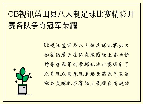OB视讯蓝田县八人制足球比赛精彩开赛各队争夺冠军荣耀