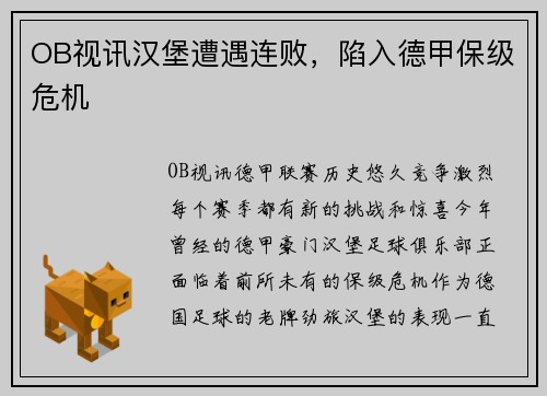 OB视讯汉堡遭遇连败，陷入德甲保级危机